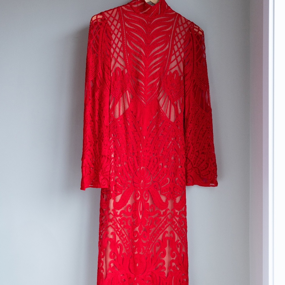 Galvan London Red Oasis high neck embroidered lace dress with Keyhole back